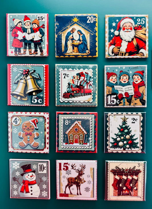 Vintage Christmas Stamp Magnets 2x2 Square (set of 12 or 6)
